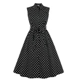 Sleeveless Women Rockabilly Party Dress With Belt 50s 60s Black Polka Dot Printed Cotton Swing Plus Size Casual Sundress