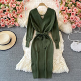 Women Sexy Crossover V Neck Long Sleeve Knitted Dress Autumn Winter Midi Dress With Belt Elegant Bodycon Dress