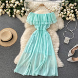 Women Solid Color Casual Chiffon Dress Elegant Double Ruffle Sexy Off Shoulder Dress Summer Clothes Sundress