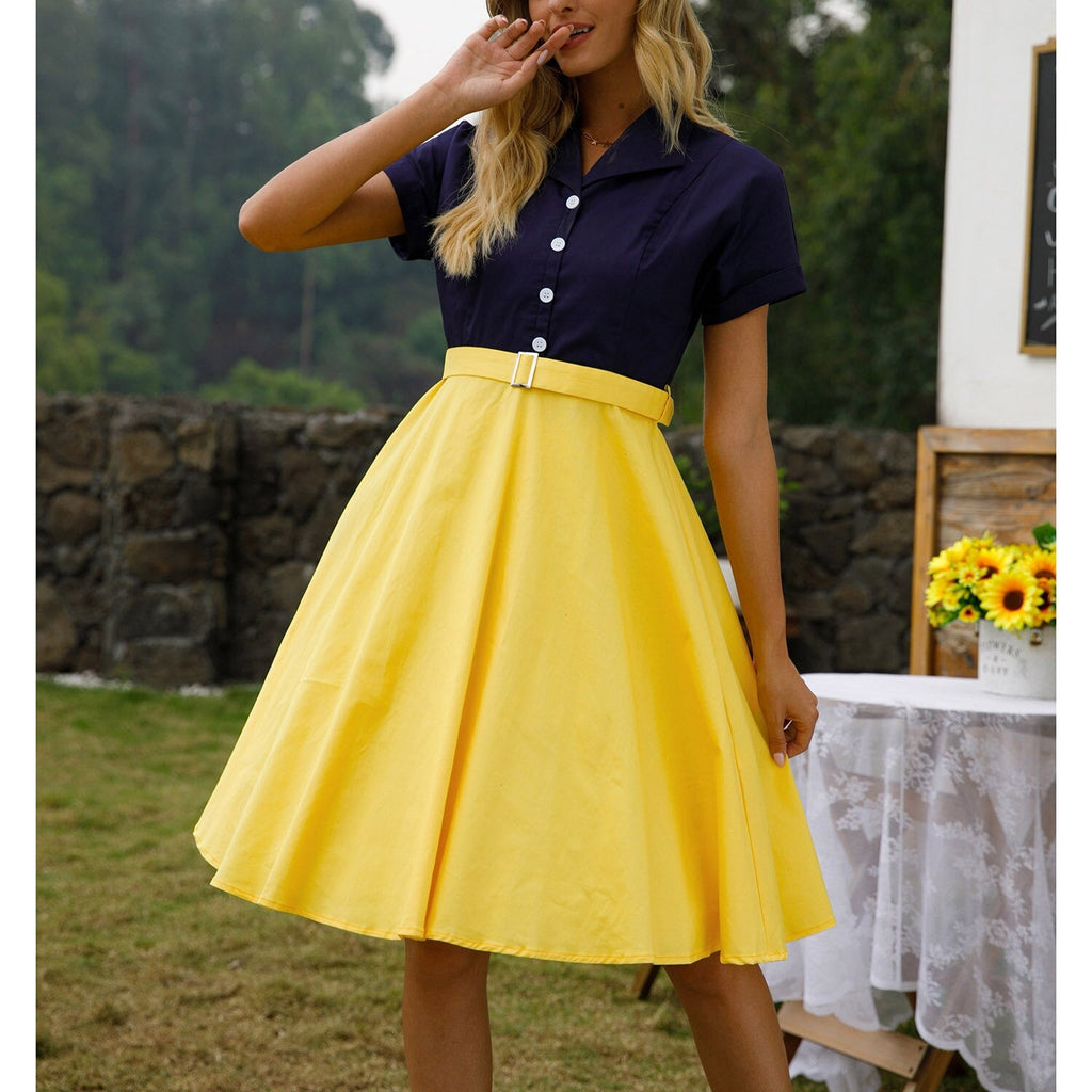 Retro Vintage Shirt Women Casual Dress Solid Color Patchwork 50s 60s Pin Up Swing Rockabilly Sundress Office OL Clothing