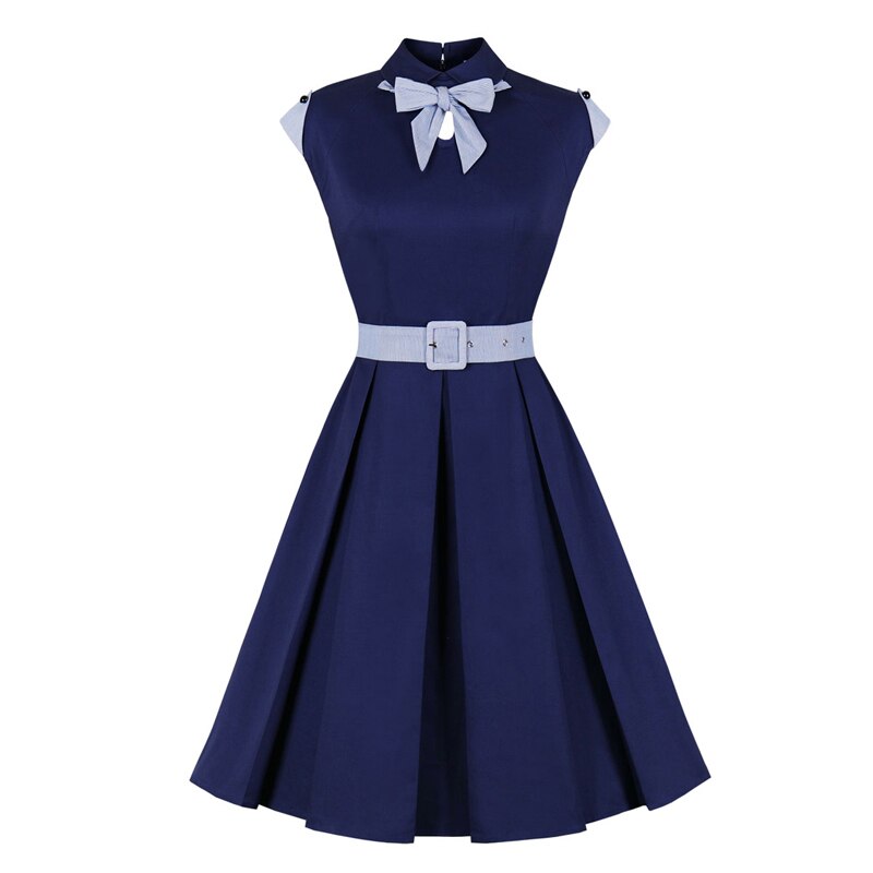 2021 Peter-Pan Collar Bow Elegant Women 50s Pin Up Vintage Pleated Dress Navy Blue Solid Sleeveless Summer Belted Cotton Dresses