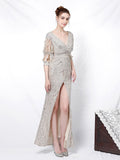 Split V neck Long sleeve Cocktail Party Dress Sexy Sequins Robe Floor length Shinning Formal Vestidoes Simple Full Dress