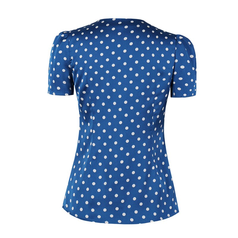 Women Blue Vintage Button Up Shirt V-Neck Short Sleeve Polka Dot Tops Slim Fit Female Summer Retro Style Slim Shirts