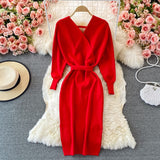 Women Sexy Crossover V Neck Long Sleeve Knitted Dress Autumn Winter Midi Dress With Belt Elegant Bodycon Dress