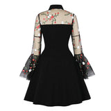 Floral Embroidered Mesh Long Sleeve Vintage Turn-Down Collar Keyhole Black A-Line Mini Dress
