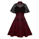 Chiffon Cape Bat Print Elegant Summer Midi Dress High Waist Vintage Style 50s 60s Women Halloween Party Swing Dresses