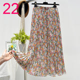 Summer New Vintage Floral Print Chiffon Pleated Skirt Elastic High Waist Casual Midi Skirt