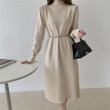 Autumn Winter Elegant Warm Knitted Dress With Belt Mock Neck Long Sleeve A Line Casual Midi Dress