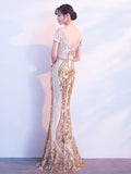 Short-sleeve O-neck Backless Floor-length Evening Dress Sequins Tulle Formal Women Gold Long Gowns Elegant Robe De Soriee