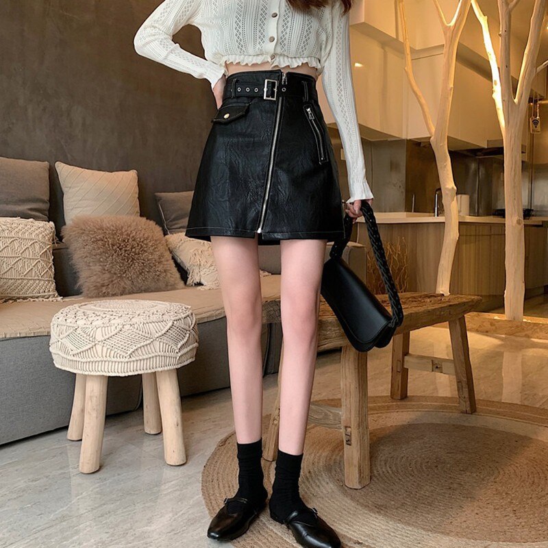 Women High Waist Mini Skirts Korean Style Streetwear All-match PU Leather Ladies Elegant A-line Short Skirt