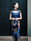 Fashion Sequins Evening Dress Embroidered High-slit Formal Occasion For Women Short-Sleeve Long Cheongsam