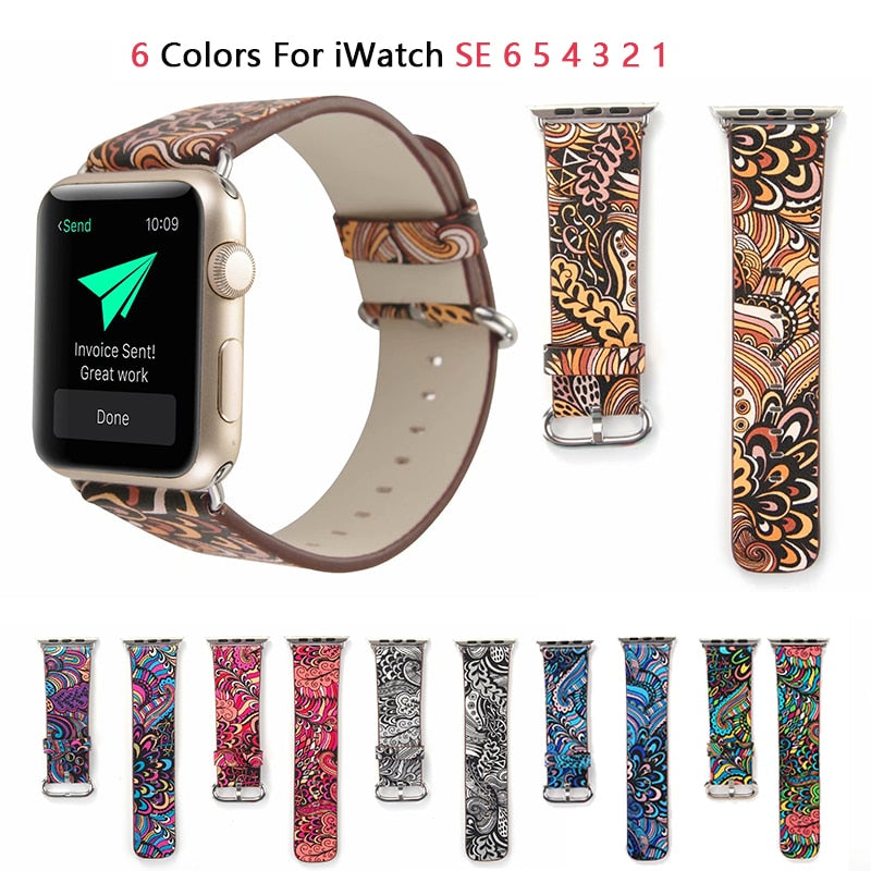 Dark flower Leather Bracelet for Apple Watch Band 6 SE 5 4 40/44mm Belt Wristband Strap for iWatch Series 3 2 38/42mm Watchband