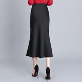 Summer Midi Elegant High Waist Black Long Satin Skirt Office Trumpet Vintage Silk Fishtail Skirts