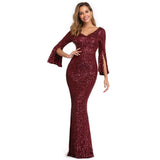 Burgund Evening Dress Long Sleeve Elegant Mermaid Long Formal Evening Party Dress V-neck Shiny Sequined Formal Prom Gowns