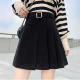 Ladies Elegant A-line Pleated Skirt Korean Style Vintage Woolen All-match Women Casual Mini Skirts With Belt