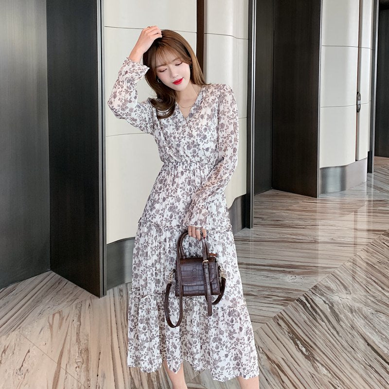 stylish korean chiffon dress 2023 Beach Floral Chiffon Midi Dress Women Luxury Elegant Spring Summer Korean Fashion Casual Bodycon Party Evening Long Dresses