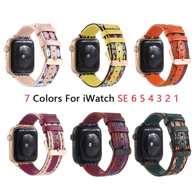 Ethnic style Leather Strap for Apple Watch Band SE 6 5 40mm 44mm Belt Bracelet Bands for iWatch Series 6 4 3 38mm 42mm Watchband