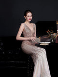 V Neck Sleeveless Mermaid Party Dress Sequins Backless Women Prom Gowns Floor Length Long Evening Robes