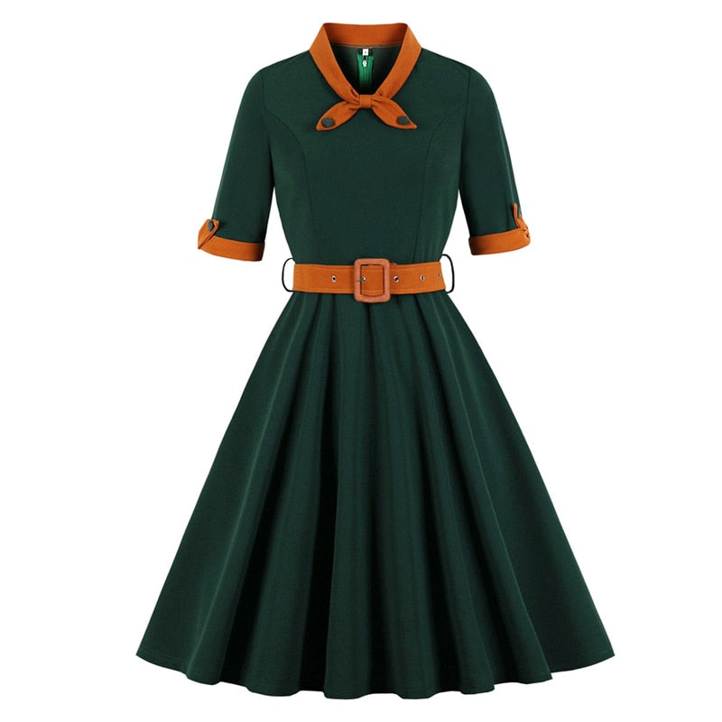 Green Contrast Bow Neck and Cuff Vintage Belted Half Sleeve Autumn Women Fit and Flare Retro Swing Dress