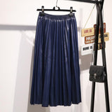 Vintage Elastic High Waist Ladies PU Leather Autumn Winter Big Swing Saia Midi A-line Pleated Skirts