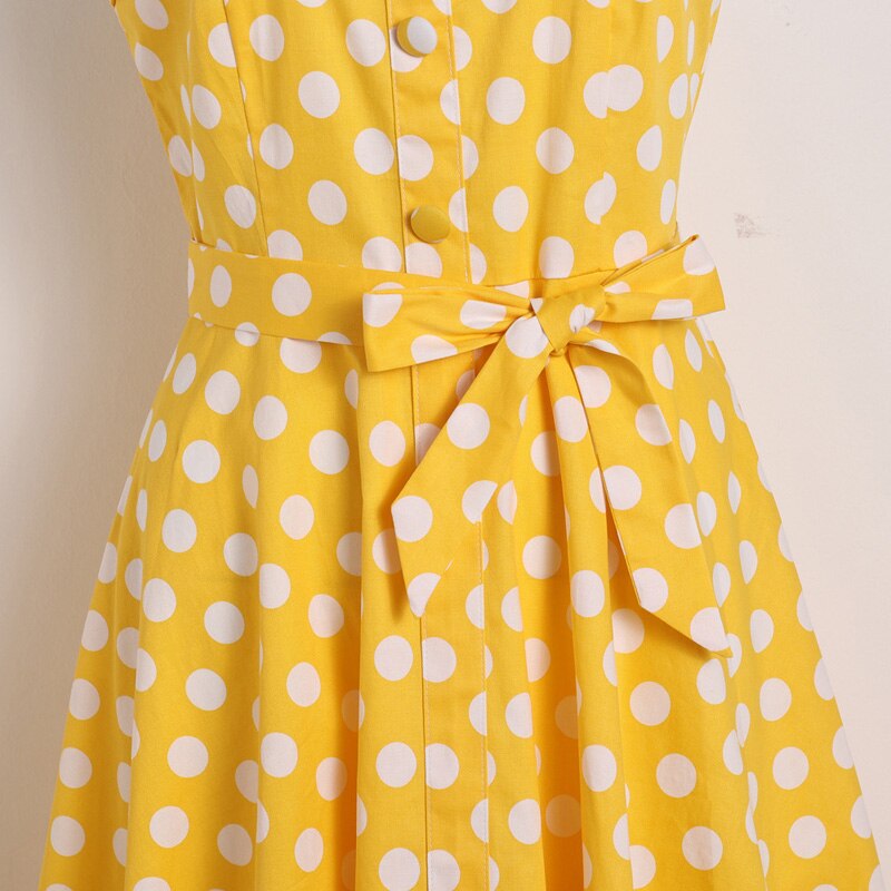 2021 Yellow 50s Pinup Vintage Button Front Polka Dot Summer Tank Rockabilly Dresses Women Party Belted Cotton Midi Dress