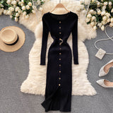 Women Elegant Long Sleeve Ribbed Sweater Dress With Belt Button Front Slit Sexy Knitted Bodycon Midi Dress