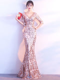Handmade Beads V Back V Neck Mermaid Tulle Sequin Embroidery Evening Dress Party Gown Half Sleeve Celebrity Dress