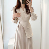 Elegant Office Lady Side Belted Overlay Pleated Dress Crossover V Neck Long Sleeve Midi Dress