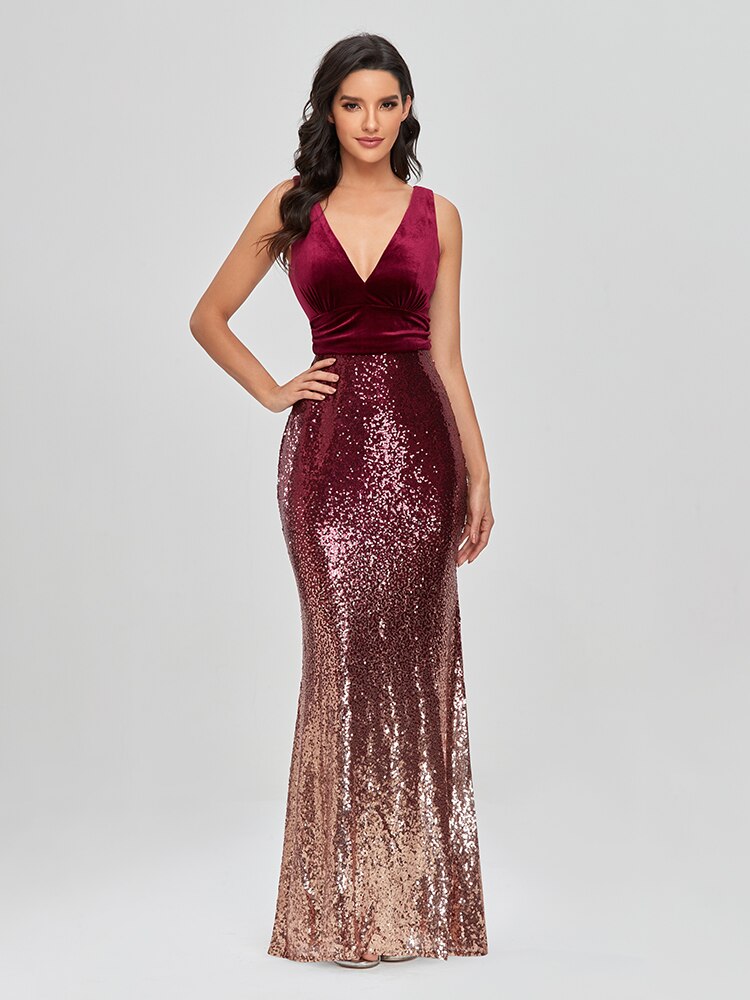 Sleeveless V-neck Evening Dress Mermaid Sequins Burgundy Party Gown Lo jetechband Sleeveless V-neck Evening Dress Mermaid Sequins Burgundy Party Gown Lo jetechband