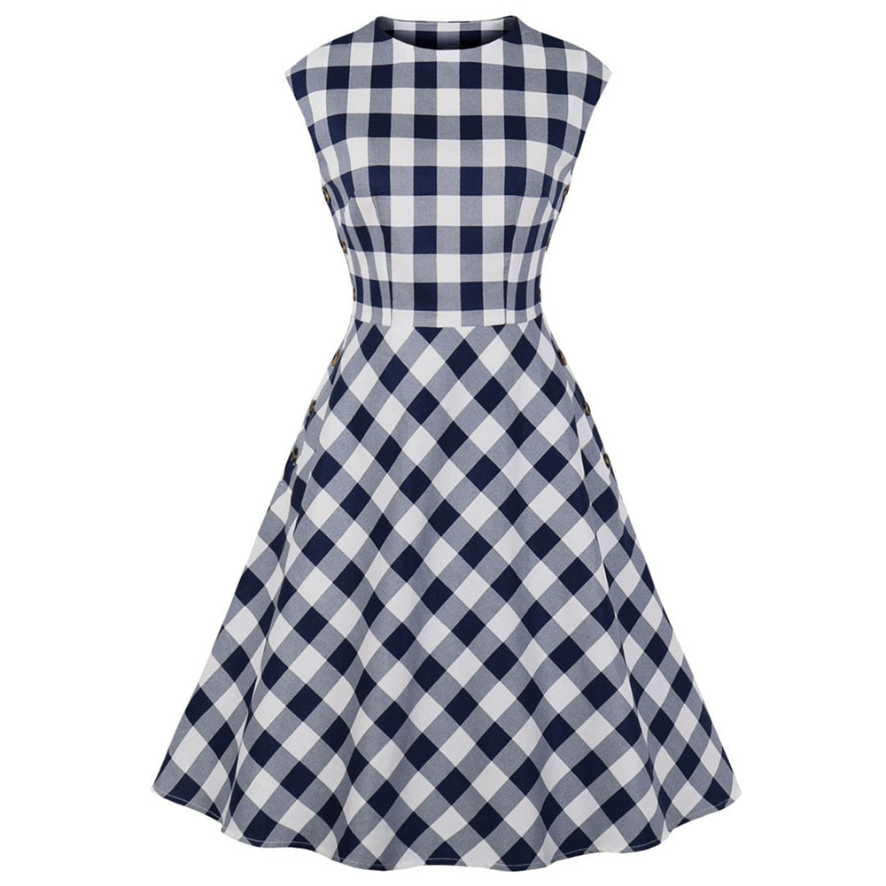 Cotton Office Plaid Print Vintage Dress Women Sleeveless Button Side Swing Pinup Chic Vestidos Summer A-Line Party Sundress