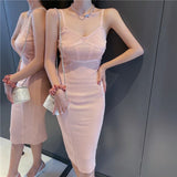 Women V Neck Sleeveless Spaghetti Strap Dress Sexy Night Club Party Knitted Bodycon Midi Dress Elegant