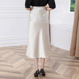 Summer Midi Elegant High Waist Black Long Satin Skirt Office Trumpet Vintage Silk Fishtail Skirts