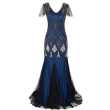 Formal dress retro 1920s sequin evening dress V-neck short sleeve mesh bead fishtail skirt women party special ocasion