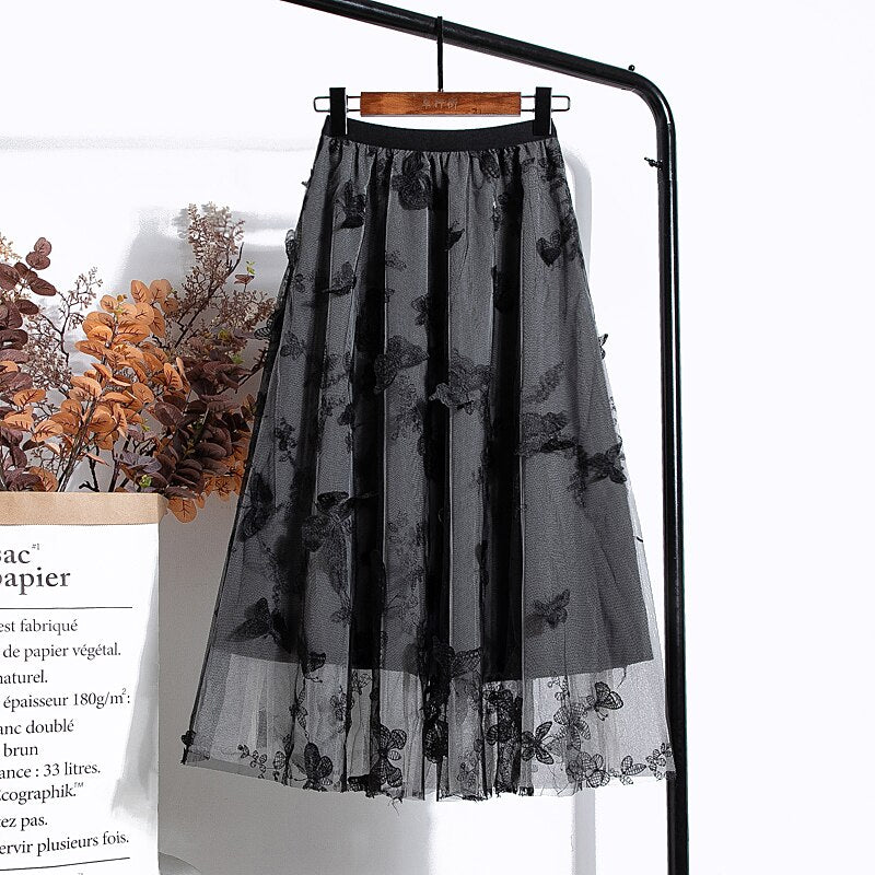 Woman Elegant Vintage Butterfly Embroidered A-Line Mesh Midi Skirt Elastic High Waist Summer Skirts
