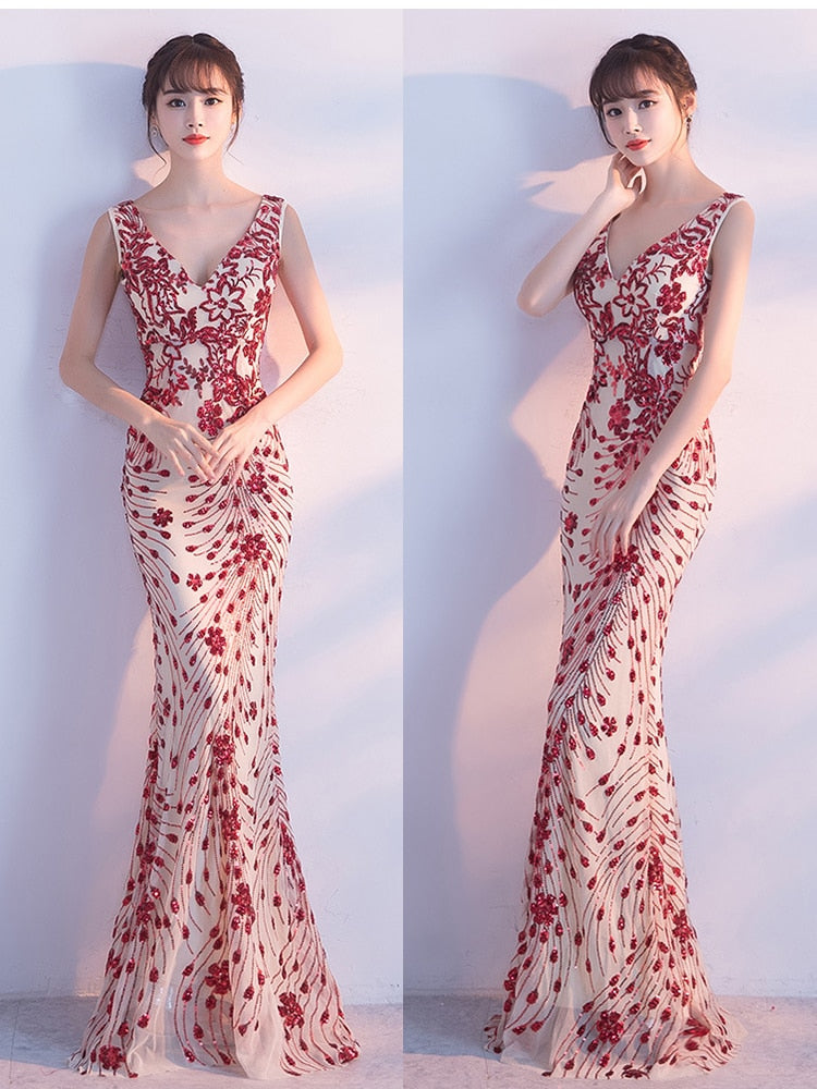 Elegant Mermaid Evening Dress Sleeveless Sequins Robe De Soriee V-neck Tulle Prom Gown Beads Formal Dress