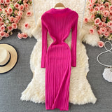 Winter Lapel Collared V Neck Ribbed Knitted Midi Dress Elegant Long Sleeve Side Slit Sexy Bodycon Dress