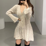 V Neck Button Up Cardigan Sweater Dress Long Sleeve Dress Women Winter Casual Twist Knitted Mini Short Dress