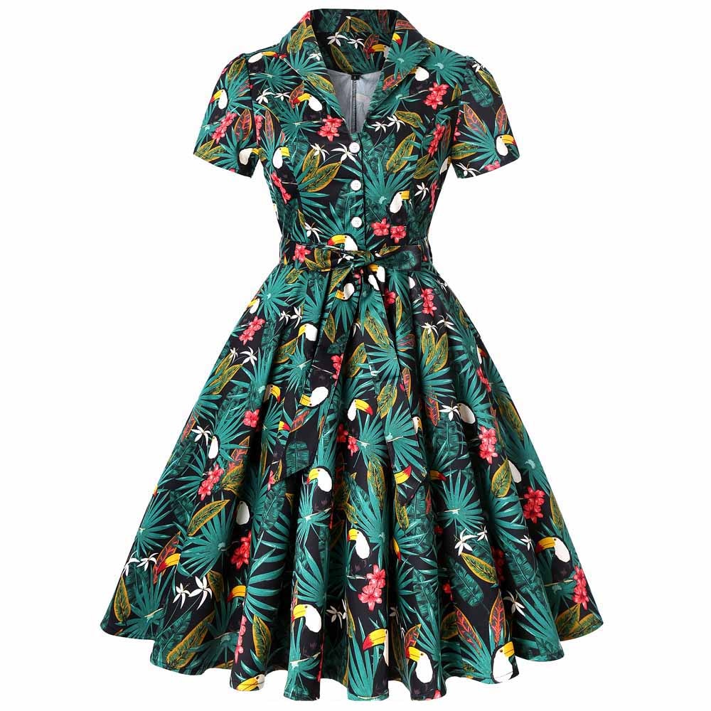 2021 Green Summer Women Swing Midi Dress Parrot Printed Hepburn Style Sundress Short Sleeve Party 50s Casual Rockbilly Dresses