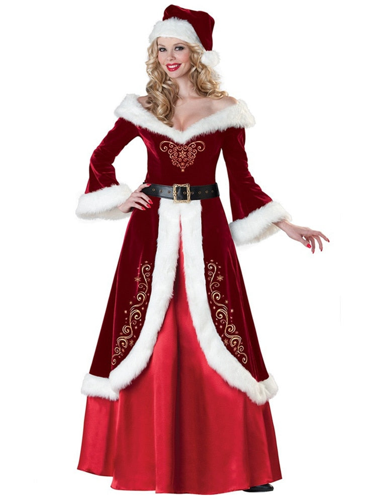 Santa Claus Suit Adult Women Christmas Cosplay Costume Sexy Red Deluxe Velvet Fancy 3pcs Set Xmas Party Woman Dress S-XXL