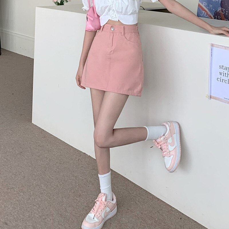 Women Denim Mini Skirts Korean Style All-match High Waist Ladies A-line Jean Short Skirt