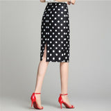 Vintage Black White Stretch Pencil Women Office Lady Formal Polka Dot Midi Skirts Elegant Package Hip Skirts