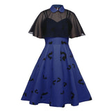 Chiffon Cape Bat Print Elegant Summer Midi Dress High Waist Vintage Style 50s 60s Women Halloween Party Swing Dresses