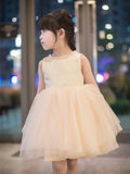 Champagne Bow With Pearls Flower Girl Dress Ball Gown Kids Formal Wedding Dress