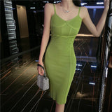 Women V Neck Sleeveless Spaghetti Strap Dress Sexy Night Club Party Knitted Bodycon Midi Dress Elegant