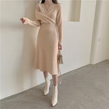 Lace Patchwork V Neck Knitted Dress Autumn Winter Long Sleeve Chic Elegant Midi Dress