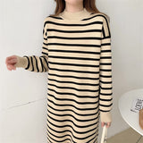 Fall Winter Midi Dresses For Women Clothing Mock Neck Long Sleeve Elegant Striped Dress Loose Casual Knitted Dress