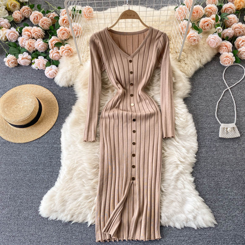 V Neck Long Sleeve Knitted Sweater Dress Winter Front Button Elegant Sexy Bodycon Midi Dress