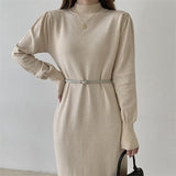 Autumn Winter Elegant Warm Knitted Dress With Belt Mock Neck Long Sleeve A Line Casual Midi Dress