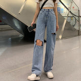 Women High Waist Casual Ripped Jeans Korean Style All-match Loose Ladies Denim Wide Leg Pants