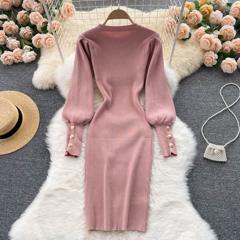 Crew Neck Puff Long Sleeve Ribbed Knitted Dress Office Elegant Button Mini Bodycon Dress